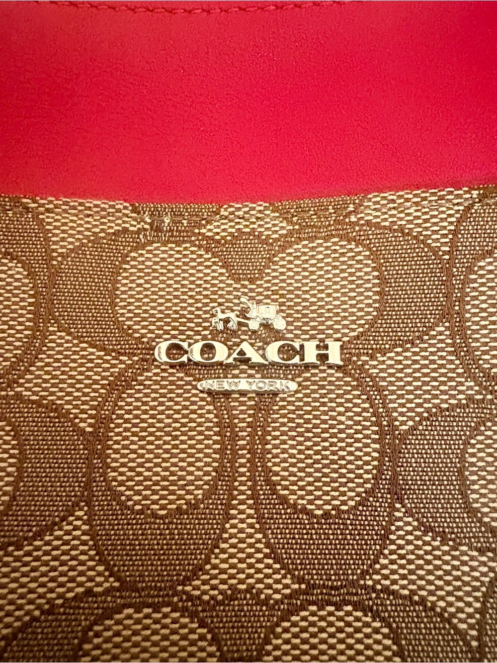 Coach Brown Signature Canvas Tote with Red Trim